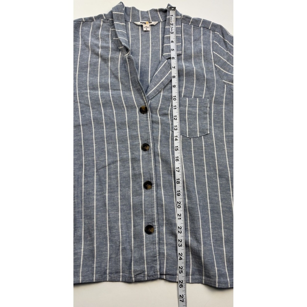 Hang Ten Button Front Shirt Womens Sz L Blue White Striped Coastal Linen Blend - Picture 9 of 9